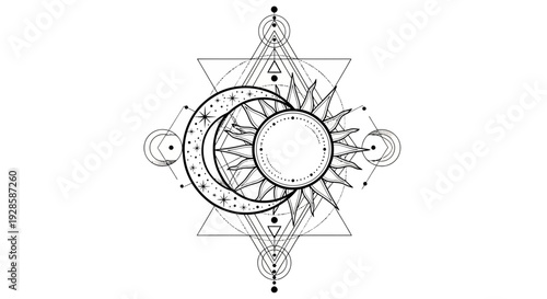 Stylized Sun and Moon Intertwined Geometric Tattoo Stencil Design. transparent.