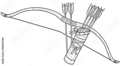 Traditional Bow and Arrow with Quiver Coloring Page for Older Kids. transparent.