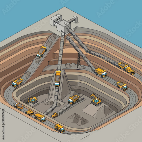 Open pit mine with trucks and conveyor belt system.