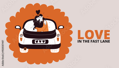 Cartoon vector illustration of a couple kissing in a convertible car, symbolizing romance, affection, and joyful freedom