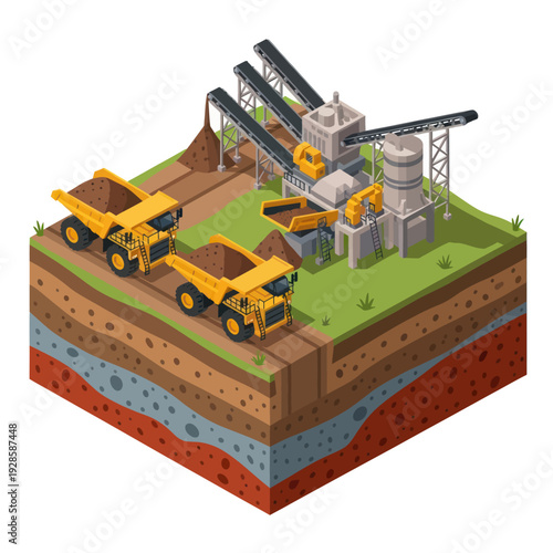 Isometric illustration of a mining site with trucks and machinery.