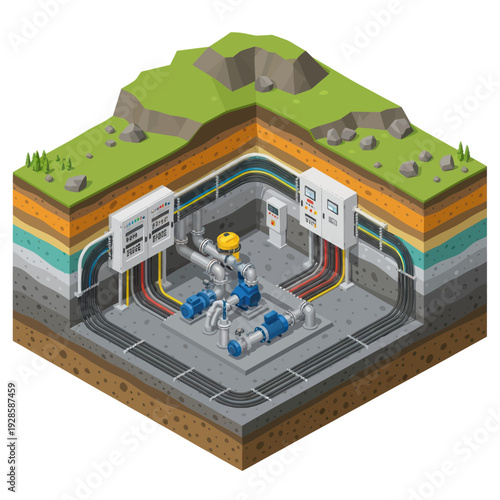 Underground infrastructure with layered earth and industrial equipment.