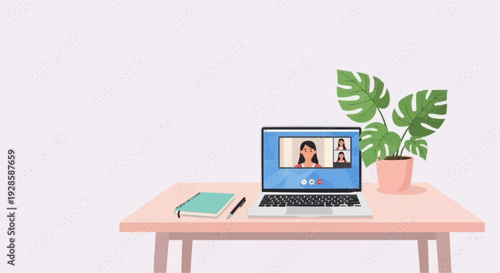 Fototapeta premium Virtual meeting setup on pink desk with laptop, notebook, and plant