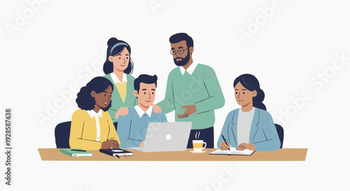Group of diverse coworkers collaborating over a laptop in office  