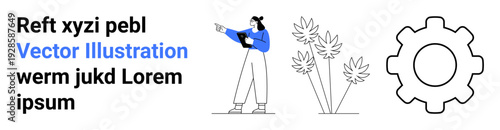 Woman with tablet pointing toward plants, gear icon symbolizing innovation and mechanics. Ideal for technology, eco-friendly concepts, mechanics, productivity, presentations, guides, simple landing
