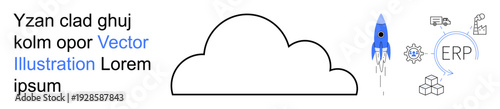 Digital transformation, cloud computing, ERP systems, innovative processes, startup growth, business technology. Cloud with a rocket and ERP-related icons. Cloud computing and digital transformation