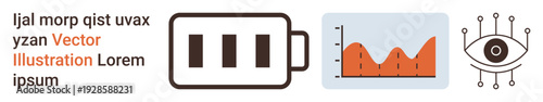Technology, data analytics, energy efficiency, surveillance, AI, and information systems. A battery icon, a graph visualization and an abstract eye with circuit elements. Focus on technology