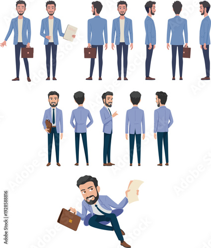 Successful bearded businessman in blue suit holding briefcase and documents character set in various poses for professional corporate presentation