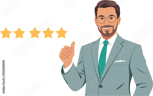 Successful businessman character in formal suit giving thumbs up with five star rating for customer feedback excellence service and positive business review concept flat vector illustration