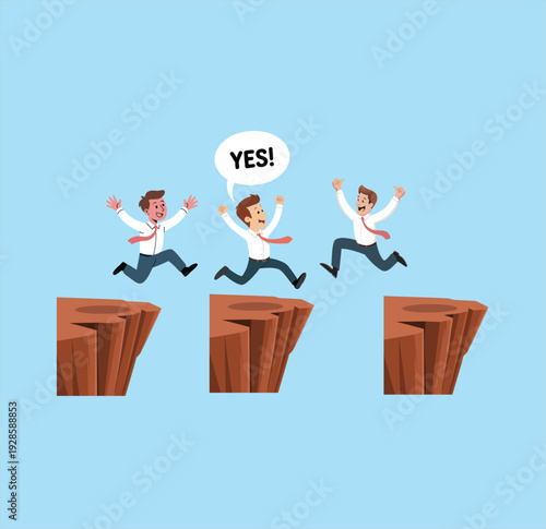 Successful businessman character jumping across mountain cliff gap for overcoming obstacles taking risks and achieving corporate business breakthrough flat vector illustration