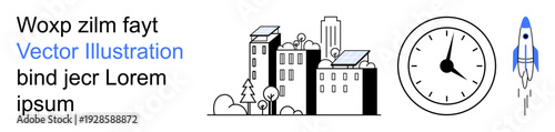 Urban planning, renewable energy, space exploration, sustainability, time management, future technology. A modern cityscape with solar panels, a clock and a rocket. Urban planning and renewable