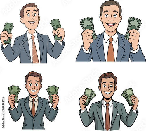 Successful happy businessman set in suit holding fans of cash money banknotes celebrating financial wealth and profit vector illustration isolated on white background