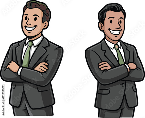 Successful professional businessman character set in formal suits showing confident poses for corporate leadership career and office management concept flat vector illustration