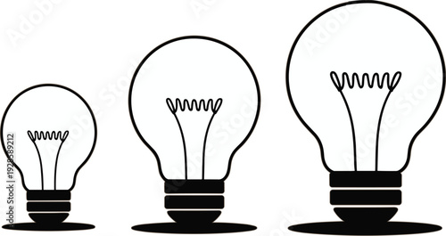Three minimalist light bulb line art icons of increasing size representing personal growth idea development and creative business progress