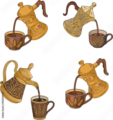 Traditional Arabic coffee dallah pot pouring into cups with wheat pattern vector set for Middle Eastern hospitality decor