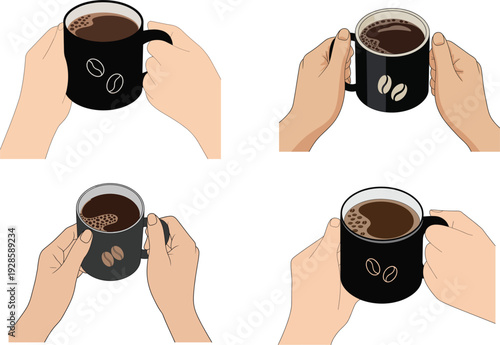 Top view of human hands holding black coffee mugs with bean design for morning routine cafe break and cozy lifestyle flat vector illustration
