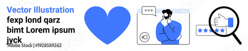 Customer satisfaction, user feedback, online reviews, decision-making, loyalty, consumer research. Blue heart, man thinking magnifying glass and stars. Customer satisfaction and user feedback