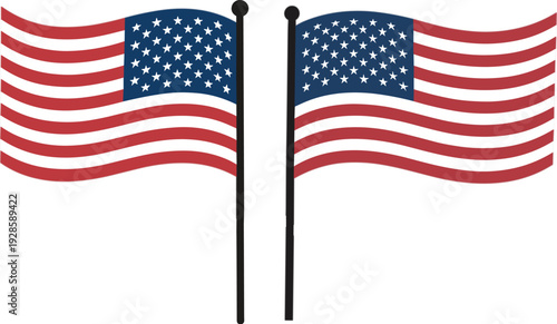 Two American national flags waving on poles for USA patriotic celebration independence day memorial day and United States government official symbols flat vector
