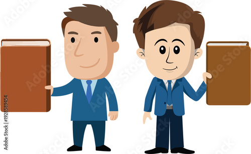 Two professional businessmen holding books standing and smiling characters for education business training and corporate learning vector illustration