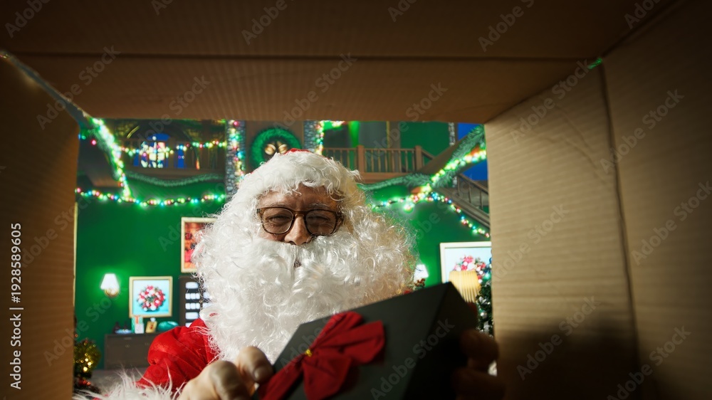 Fototapeta premium Excited Santa Claus receiving shipment with presents to send after finishing list of kids who has been nice. POV of person opening delivery package, preparing to visit children with gifts