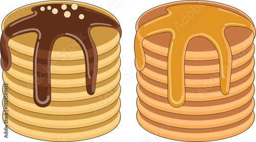 Two stacks of tall fluffy pancakes with maple syrup and chocolate sauce topping isolated on a white background