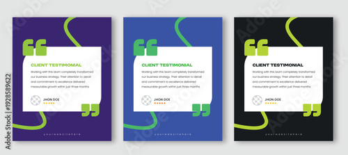 Client Testimonial Social Media Post Template Set with Modern Quote Design and Bold Color Backgrounds, Business review banner