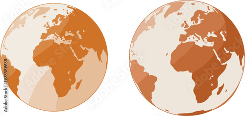 Two stylized planet earth globe vector illustrations in orange and cream colors representing world geography, global connection, and environmental maps