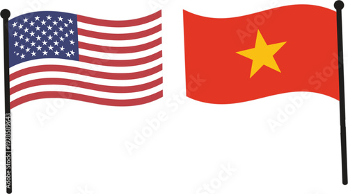 USA and Vietnam national flags waving on poles for international relations diplomatic cooperation trade agreement and partnership concept flat vector illustration