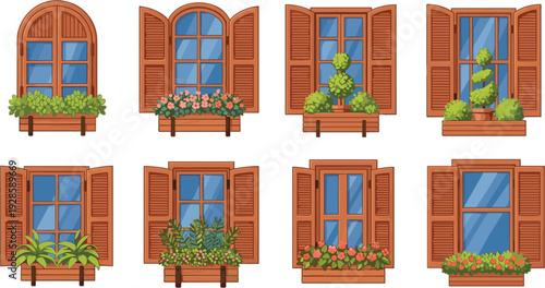 Vector Collection Of Rustic Wooden Windows Featuring Open Shutters Decorative Flower Boxes Green Potted Plants And Colorful Blooming Petals