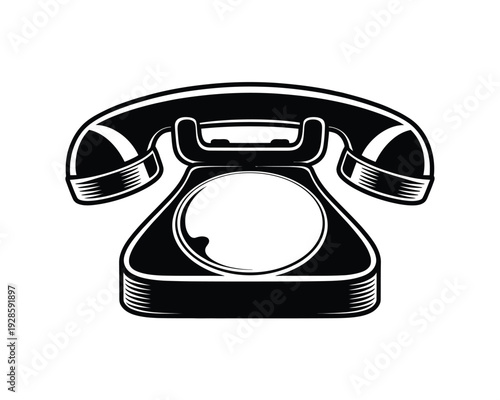 Rotary telephone illustration, black and white vintage desk phone icon representing communication history retro technology customer support and classic telecommunication design.