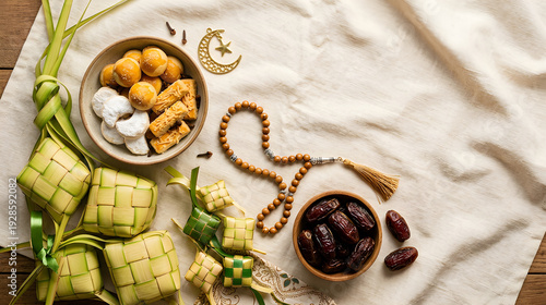 Eid al-Fitr Festive Flat Lay with Ketupat, Dates, Traditional Cookies and Tasbih on Neutral Fabric Background Islamic Celebration, Ramadan Kareem Holiday Food Concept