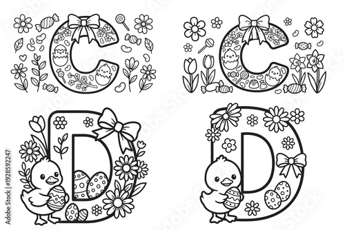 Easter alphabet coloring pages featuring letters c and d with chicks and flowers