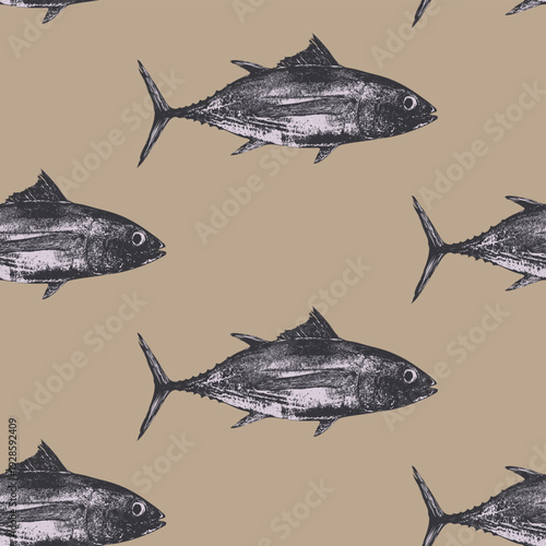Vector seamless pattern with tuna fish on marine animals theme and ocean life. Logo, menu for restaurant, cafe. Signboard for fish store. Print, fabric, textile. Wallpaper, T-shirt, tile. 