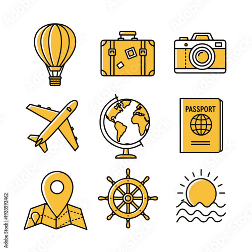 Travel icons set with adventure elements