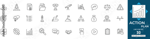Action plan line icon set featuring strategy, planning, execution, goal, roadmap, steps, and progress. Professional editable vector set for business.
