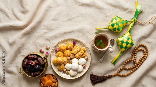 Eid al-Fitr Flat Lay with Ketupat, Dates, Traditional Cookies, Dried Apricots and Tea with Tasbih on Neutral Fabric Background Ramadan Kareem Islamic Holiday Celebration Concept