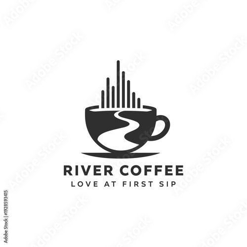 River Coffee Logo with Coffee Cup and Winding Path Vector
