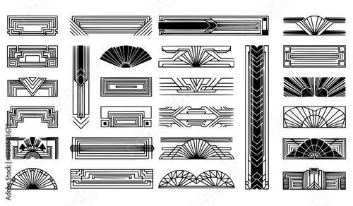 Luxury Art Deco Geometric Black Line Frames and Decorative Border Elements Vector Illustration Set
