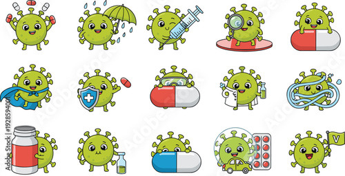 Cute Virus Character Illustration Set with Medical Treatment, Vaccination, Protection, and Healthcare Concept Elements for Cartoon Vector Designs