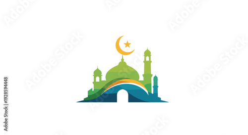 Abstract mosque silhouette with a prominent crescent moon and star against a white background featuring colorful waves.