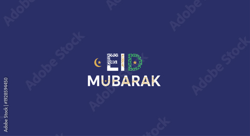 Decorative Eid Mubarak text with intricate patterns and crescent moon and star details on a dark blue background.