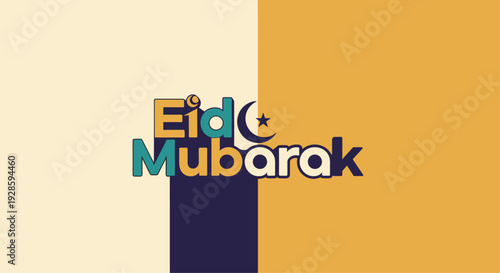 Bold Eid Mubarak text with integrated crescent moon and star symbols on a split color block background.