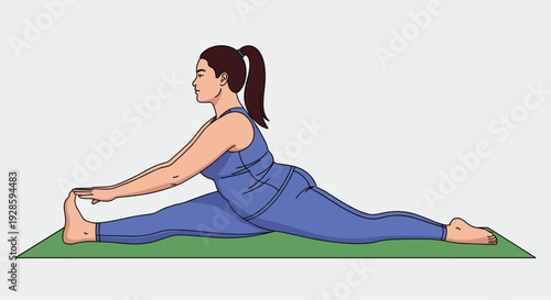A plus-size woman with dark hair in a ponytail stretches on a green yoga mat against a plain light grey background.