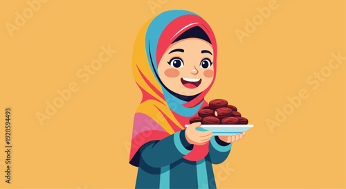 A young girl in a colorful hijab smiles while holding a white plate filled with brown dates against a solid orange background.