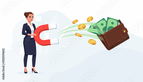 Businesswoman holding a large red horseshoe magnet to attract money, gold coins, and green dollar bills from a brown leather wallet, concept of financial success, wealth attraction, and profit.