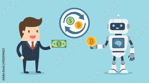 Businessman and Artificial Intelligence Robot Exchanging Bitcoin for Dollars. Fintech Concept of Automated Cryptocurrency Trading, Digital Currency Exchange, and Future of Financial Technology.