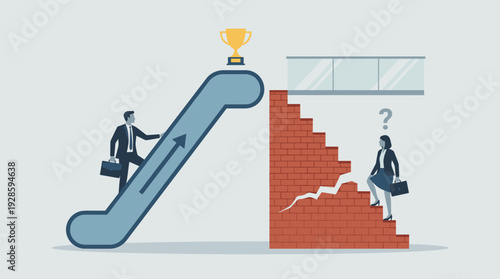 Business gender inequality concept with businessman on escalator and businesswoman on broken stairs. Illustrating the glass ceiling, career gap, unfair competition, and professional barriers.