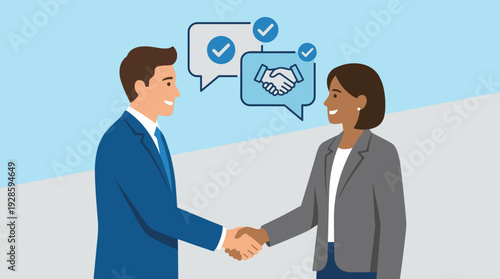 Businessman and businesswoman shaking hands after successful meeting. Flat vector illustration of professional partners reaching agreement with speech bubbles, checkmark icons, and handshake symbol.