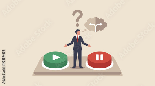 Businessman Standing Between Green Start and Red Stop Buttons, Making a Difficult Choice or Decision. Concept of Business Strategy, Dilemma, Uncertainty, and Choosing the Right Path or Direction.