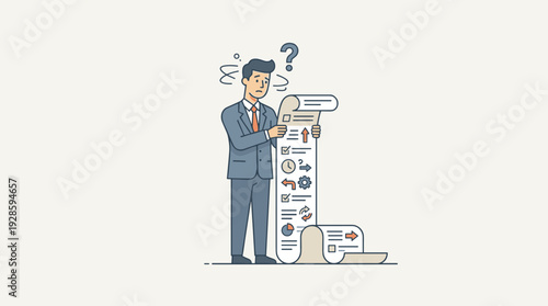 Overwhelmed Businessman in Suit Looking at a Very Long To-Do List Paper with Confusion and Stress, Flat Vector Illustration of Workload Management, Procrastination, and Busy Office Life Concept.